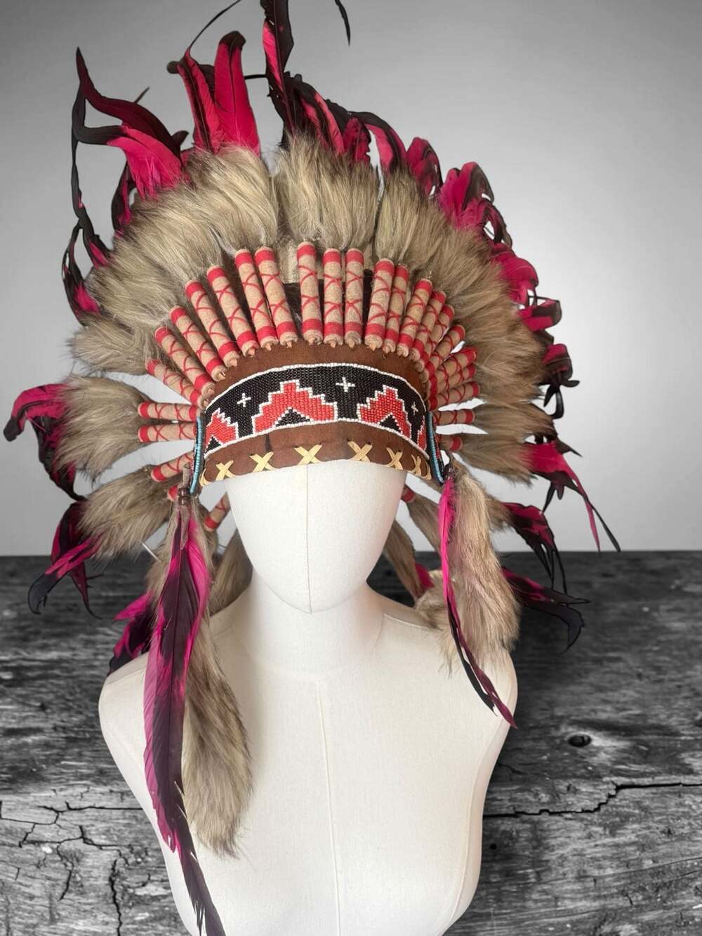 Feather Headdress Black and Pink Beaded One Size